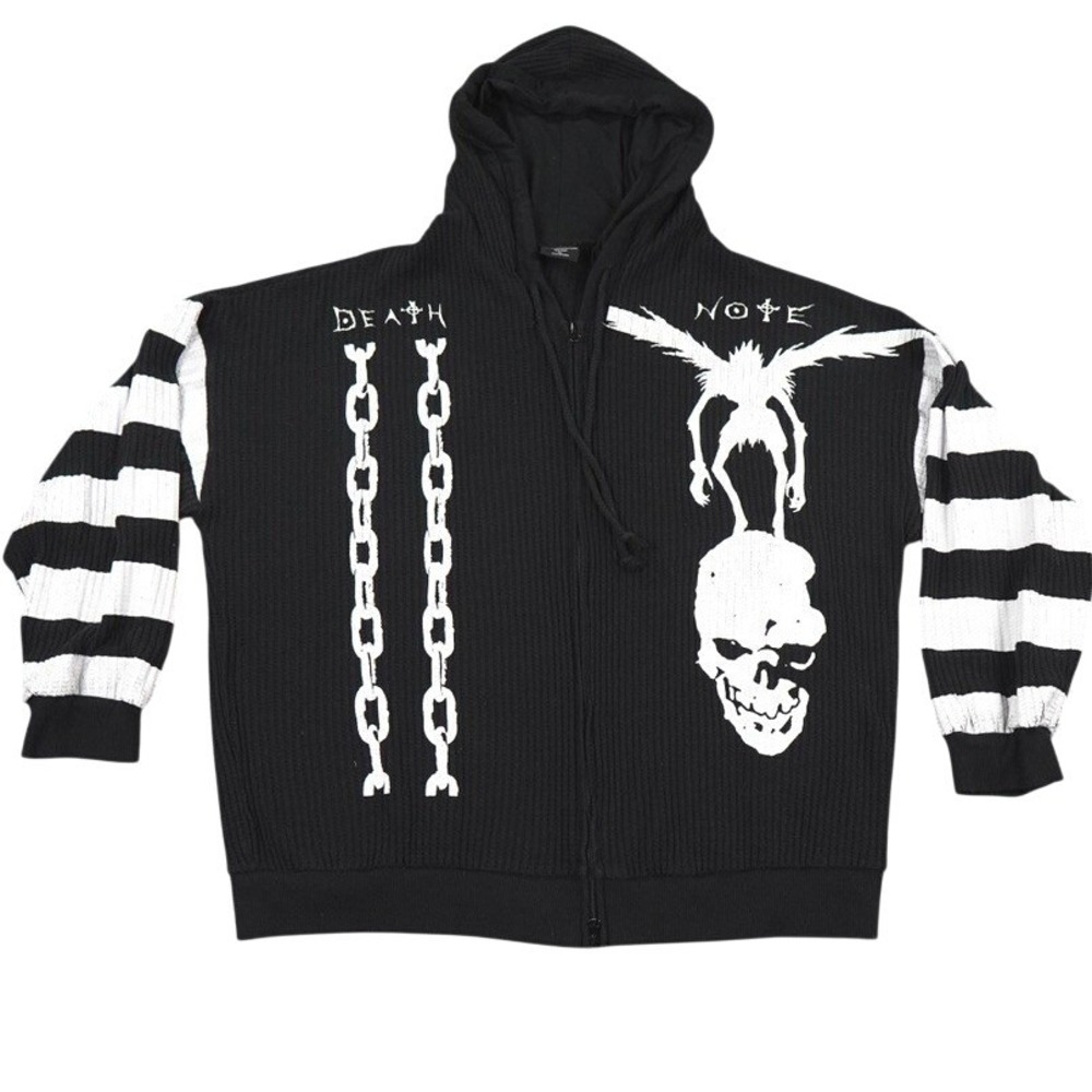 Death Note Ryuk Stripe Oversized Waffle Knit Hoodie Zip Up XL Black Anime Goth